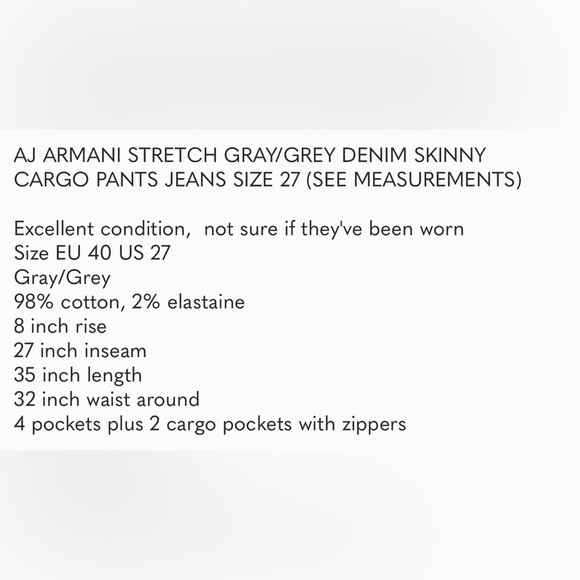 AJ Armani Jeans Gray Stretch Denim Skinny Cargo Pants Size 27 w/ Zipper Pockets - Picture 16 of 16